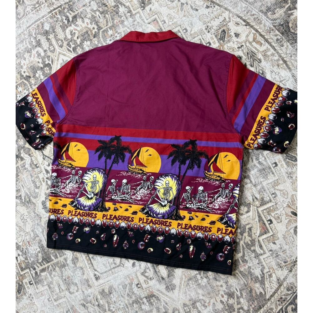 PLEASURES BEACH BUTTON DOWN SHIRT BURGUNDY Skeleton Beach Halloween Sz XXL - Picture 9 of 10